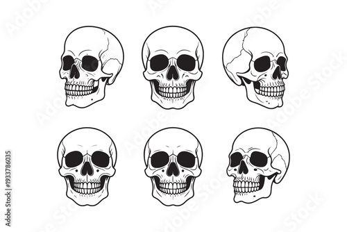 A spooky cartoon illustration of human skulls and bones arranged together to create a dark and scary gothic horror symbol