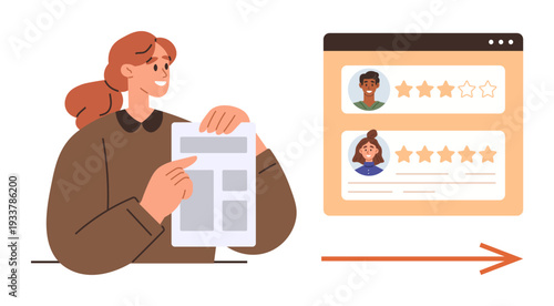 Recruitment, performance evaluation, human resources, feedback, hiring, teamwork. Woman holding paper pointing to rating system on a screen. Recruitment and performance evaluation concept