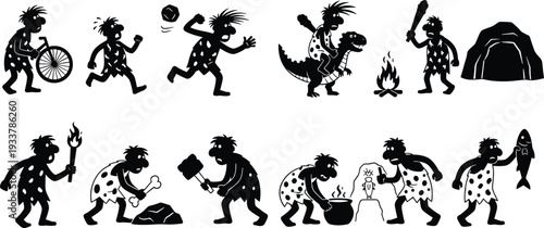 Set of Prehistoric Caveman Silhouettes featuring Primitive Characters Hunting Cooking Riding Dinosaurs and Using Stone Tools Isolated Vector Illustrations for Historical and Humorous Design Projects