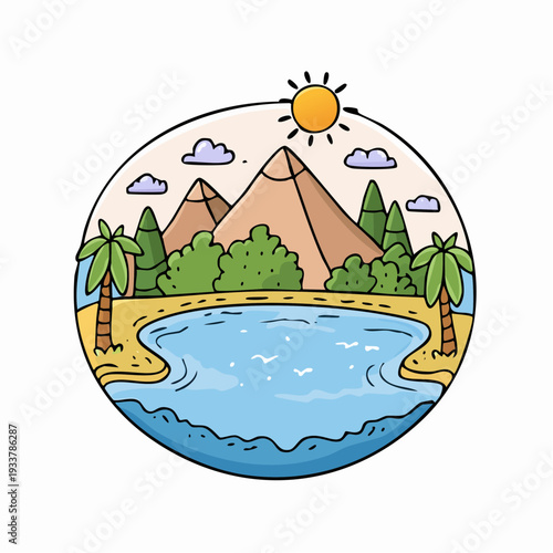 Vibrant cartoon illustration of a serene landscape with mountains, palm trees, and a calm body of water under a sunny sky.
