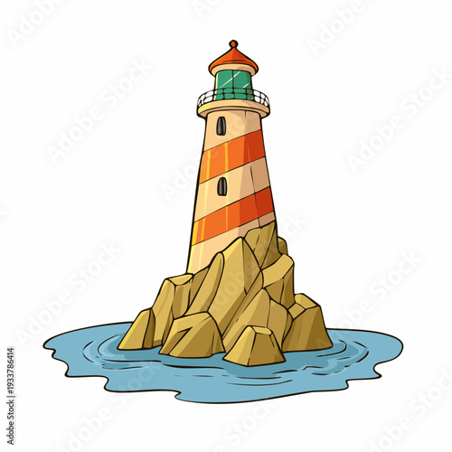 A cartoon lighthouse stands tall on a rocky island surrounded by blue water.