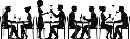 Silhouette Illustration of Diverse Couples Dining at a Restaurant Featuring Romantic Dates Wine Toasting Socializing and Fine Dining Scenes on a White Background