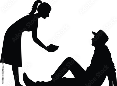 Silhouette of a compassionate young woman offering a bowl of food to a homeless man sitting on the ground, concept of kindness and charity