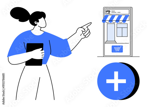 E-commerce concept. E-commerce ed by a woman pointing to an online storefront with a shopping cart icon. E-commerce for digital shopping, marketplaces, retail, businesses, and online stores