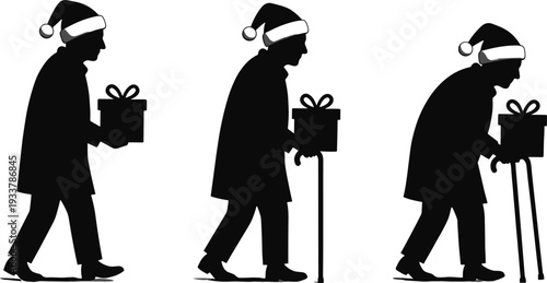 Silhouette of an aging man in a Santa hat progressing from walking unaided to using a cane and walker while carrying a gift.