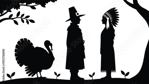 Silhouette of a Pilgrim Man and Native American Chief Standing Outdoors with a Wild Turkey Under Trees for Thanksgiving History and Celebration Concepts