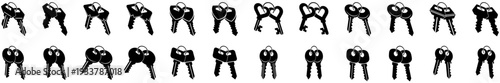 Keys icon set with crossed house and heart key silhouettes. House key silhouettes collection with different metal key shapes isolated. Key icon set. key, keys, lock, unlock, vector icon