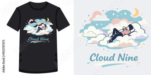 Cute and whimsical tshirt design featuring a person relaxing on clouds with dreamy sky elements and pastel colors perfect for casual wear and creative apparel ideas