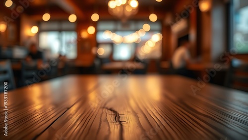 A wooden table with subtle grain texture and abstract bokeh lights, creating a warm and inviting restaurant ambiance.