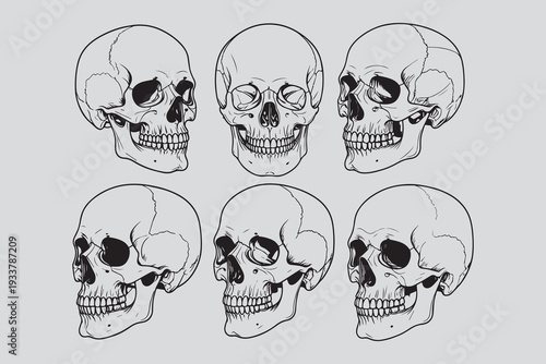 A spooky cartoon illustration of human skulls and bones arranged together to create a dark and scary gothic horror symbol