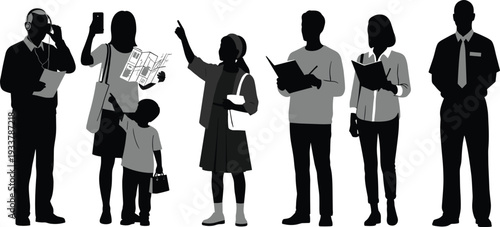 Diverse People Silhouette Collection Students Professionals Family and Business Characters Reading Using Smartphone Vector Illustration Set