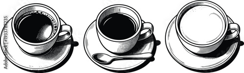 Vintage Hand Drawn Vector Illustration Set of Three Coffee Cups with Saucers Featuring Black Espresso Americano and Latte with Milk Foam Art