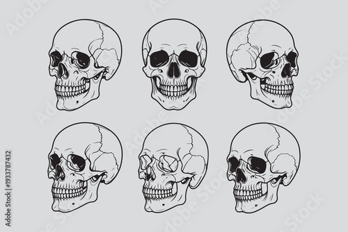 A spooky cartoon illustration of human skulls and bones arranged together to create a dark and scary gothic horror symbol