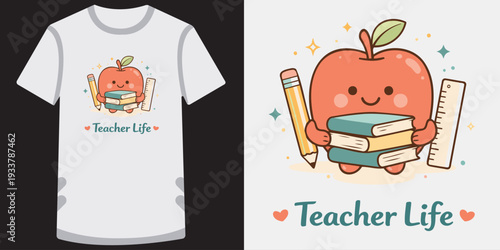Cute cartoon apple character holding books and school supplies for teacher appreciation design on tshirt