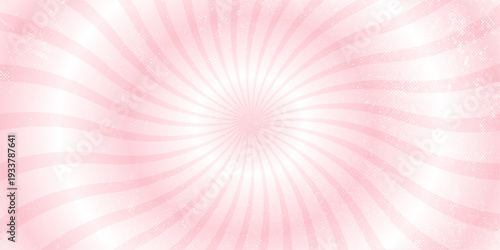 Candy color sunburst wallpaper. Abstract pink cream sunbeams design background. Spinning lines for template, banner, poster, flyer. Sweet rotating cartoon swirl or whirlpool.