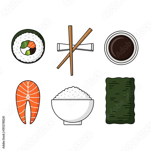 Assorted sushi ingredients including salmon, rice, and nori arranged with chopsticks and soy sauce in a culinary setting