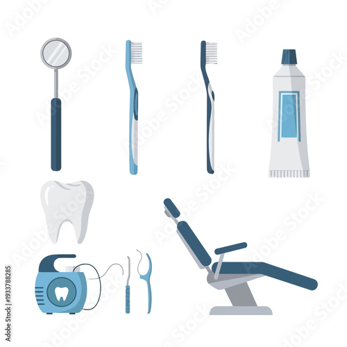 Dental care illustration featuring toothbrushes, toothpaste, and dental equipment in a clinical setting viewed from above