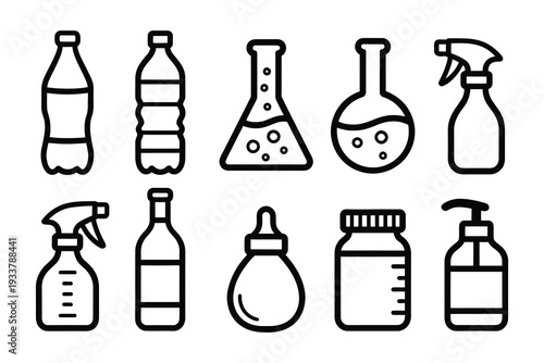 Liquid Containers and Science Lab Icons: Bottles, Flasks, and Sprayers for Chemistry and Liquids. Vector Set.