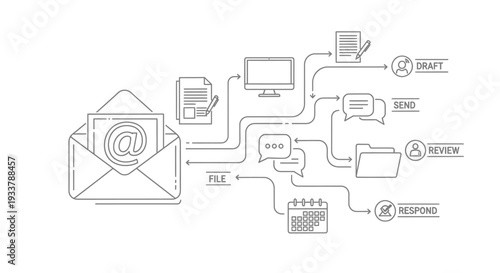 Outline diagram illustrates the sequential steps of electronic mail communication flow from inbox reception to drafting, sending, reviewing, and finally responding to the message.