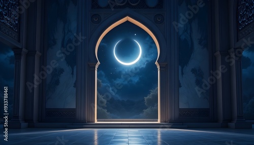 Celestial Gateway: A majestic archway frames a breathtaking night sky, where the luminous crescent moon casts an ethereal glow upon an elegant, ancient architectural interior. 