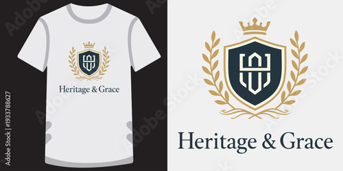 Elegant white tshirt design featuring a sophisticated heritage and grace crest logo with laurel wreath and crown emblem