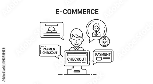 E-commerce concept features a smiling operator at a computer screen surrounded by speech bubbles detailing payment checkout processes and customer profiles.