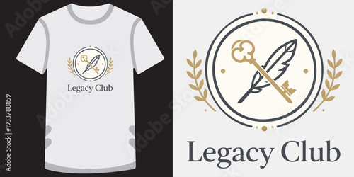 Exclusive vintageinspired tshirt design featuring a sophisticated legacy club emblem with quill feather and key illustration