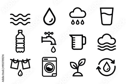 Water Cycle and Utility Icons: Rain, Faucet, Washing, and Plant Growth for Hydration and Sustainability. Vector Art.
