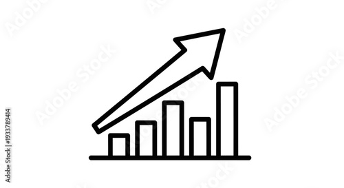 Bar chart icon displays increasing growth with an upward trending arrow indicating positive financial performance and successful development metrics.
