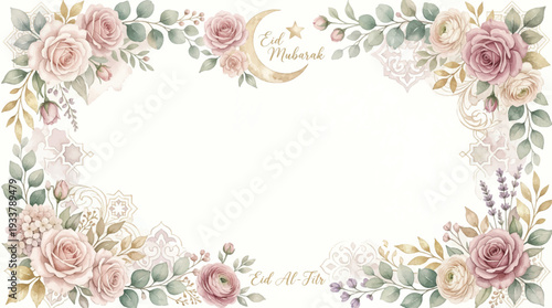 Dusty Pastel Floral Watercolor Eid Frame Romantic Islamic Border with Roses Eucalyptus for Invitations Greeting Cards and Wedding Style Stationery