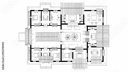 High Quality Black Line Art of Traditional Japanese Minka House Layout with Tatami Room Divisions and Sliding Partitions, Top View Architectural Floor Plan Illustration