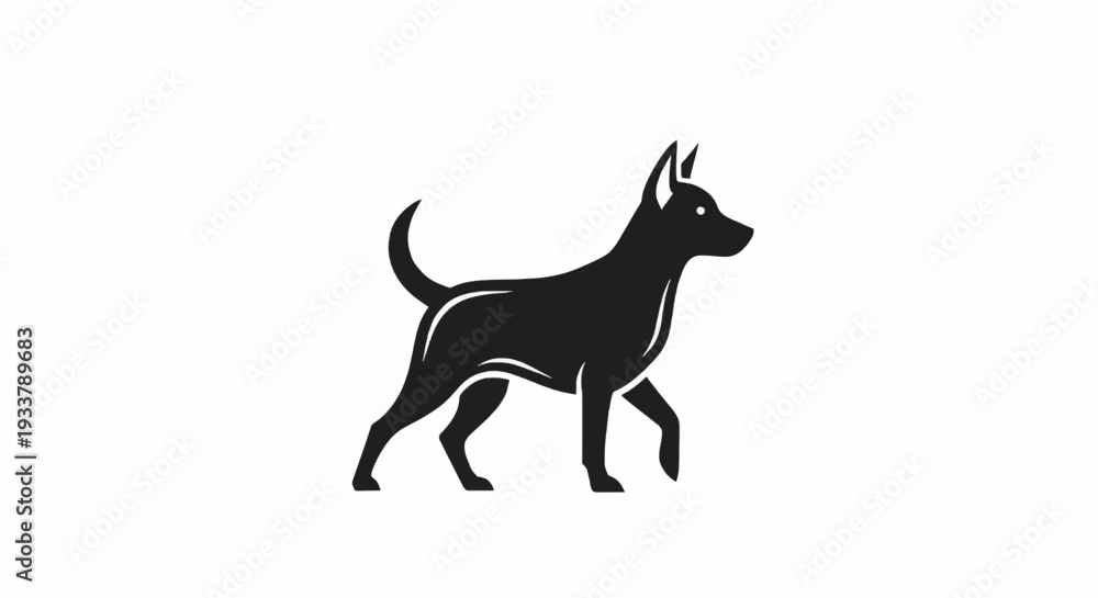 Fototapeta premium Solid black silhouette of a wolf dog standing in side view, clean vector graphic isolated on white background. 