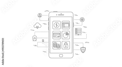 Smartphone displaying various financial application icons for banking, payments, and savings is connected to cloud storage and security symbols in a network diagram.