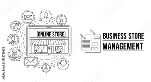 Digital storefront illustration shows an online store interface surrounded by various communication and user icons connected by lines representing e-commerce management.