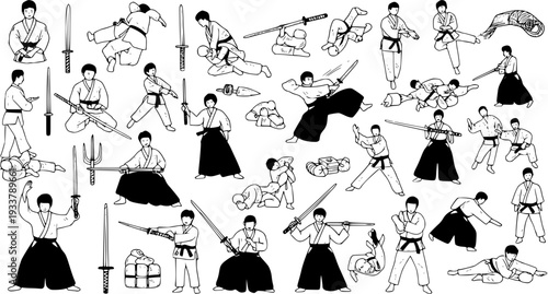 Dynamic Japanese Martial Arts Training Vector Illustrations. Aikido, Kendo, Judo Techniques, Fighters, and Traditional Weapons (Swords, Sai) in Hand-drawn Line Art.