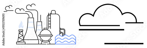 Factory with chimneys, storage tanks, and flames emitting smoke, surrounded by clouds. Ideal for pollution, industrialization, sustainability, energy, environment climate change and innovation