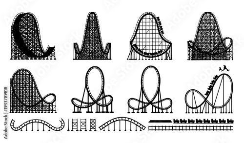 A collection of various roller coaster vector graphics and illustrations