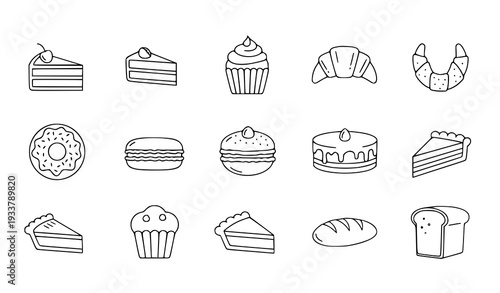 A set of line art bakery icons including cakes and bread