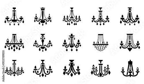 A set of elegant black chandelier silhouettes on a white background