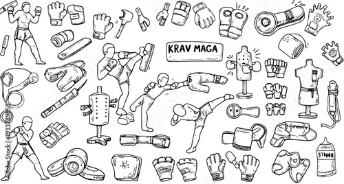 Krav Maga Training Equipment and Practitioners Doodles Set, Featuring Martial Arts and Self-Defense Gear and Dynamic Poses.