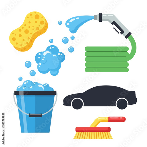 Graphic illustration of car washing with soap, sponge, and hose, cleaning supplies