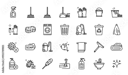 A set of black and white line art icons depicting various cleaning tools and supplies