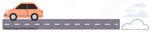 Transportation, travel, road safety, urban mobility, eco-friendly vehicles, commuting. Orange car on a gray road with dashed lines and clouds in the background. Transportation and travel concept