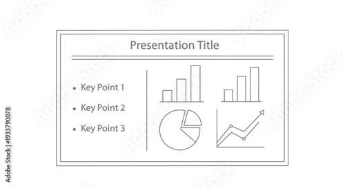 Outline style presentation slide template features bar charts, pie graphs, and list points ready for corporate data visualization and reporting.