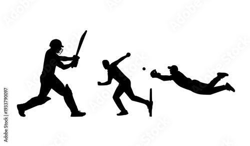 A vector graphic illustration of cricket players in action as silhouettes