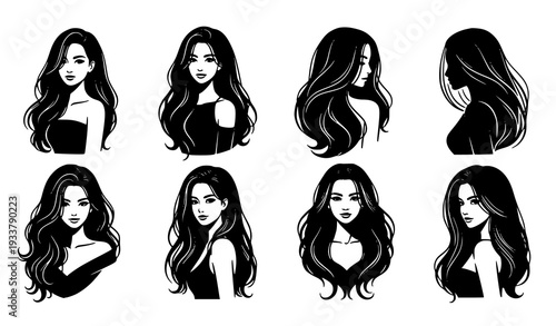 A set of eight black and white vector illustrations of women with long hair