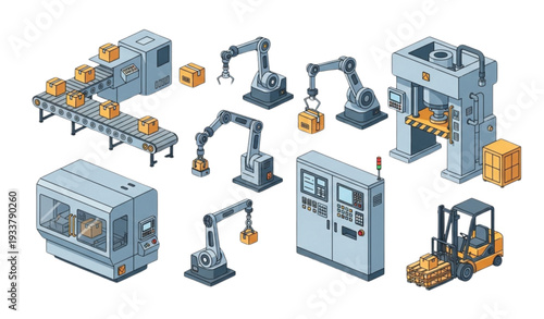 An industrial vector graphic depicting various manufacturing machines and robots