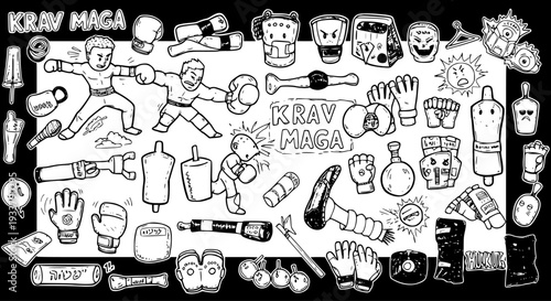 Krav Maga Training Doodle Illustration: Comprehensive Set of Martial Arts Equipment, Self-Defense Gear, Fighters, and Symbolic Elements in Black  White Sketch Style.