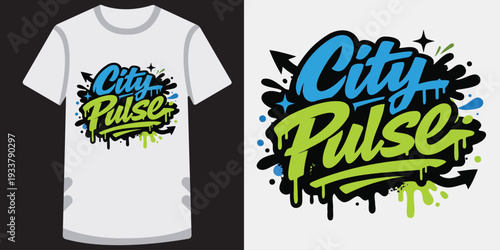 Modern graffiti style typography design on white tshirt showcasing vibrant colors and dynamic effects perfect for urban fashion lovers