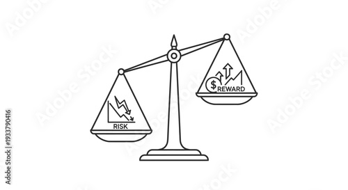 A simple balance scale illustrates the fundamental comparison between investment risk on one side and potential financial reward on the other side.